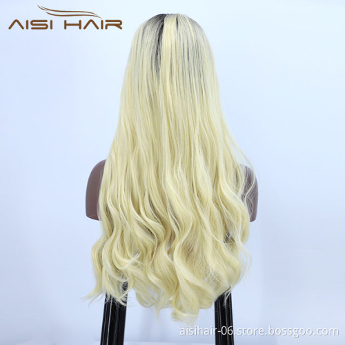 Aisi Hair Top Quality Long Wavy Curly Body Wave Ombre Blonde Lace Frontal Synthetic Hair For Black Women Lace Front Wig